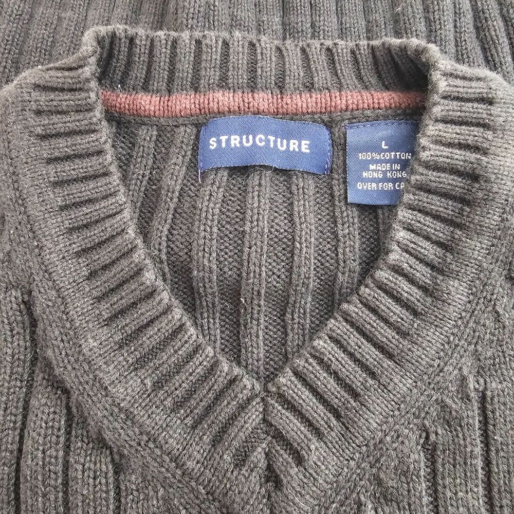 Vtg 90s Structure Chunky Ribbed V-Neck Cotton Sweater Mens Large Charcoal Grey - Picture 1 of 4